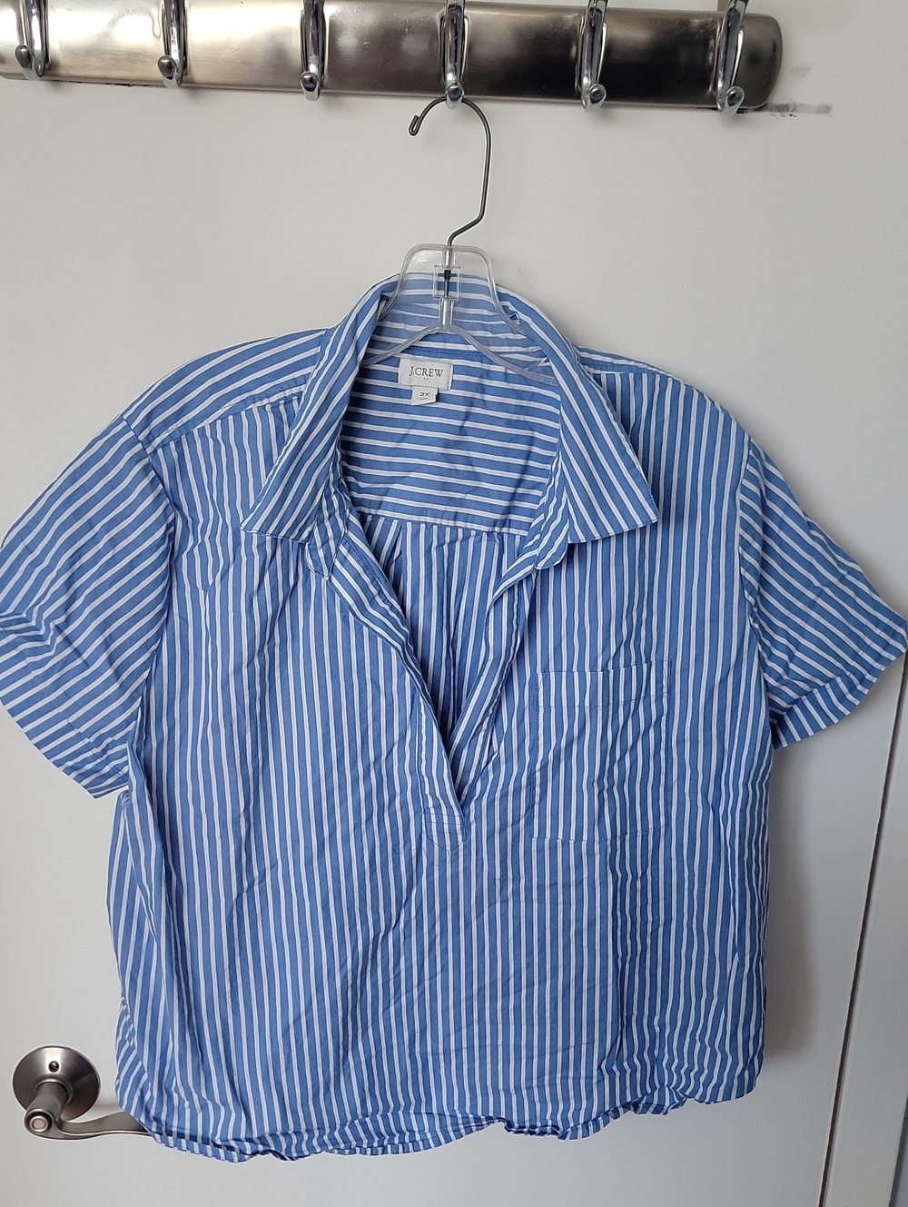 J. Crew Blue and White Vertical Stripe Short-Sleeve Shirt